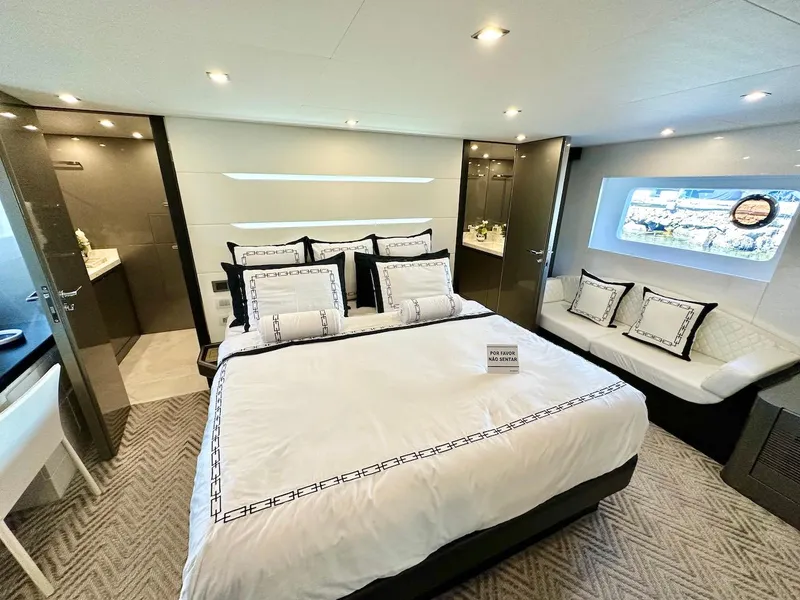 Slide: The Image of Luxurious bedroom interior of 2025 Schaefer 770 yacht with modern decor and elegant furnishings. - 44