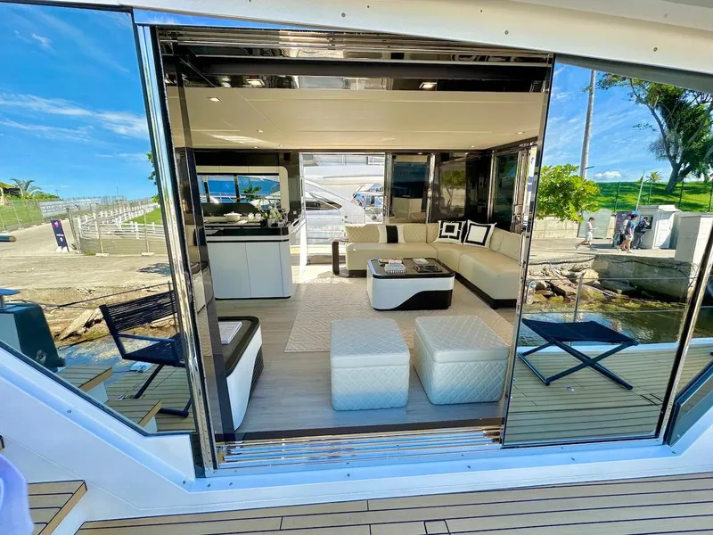 Slide: The Image of Luxurious interior of the 2025 Schaefer 770 yacht with modern furnishings and scenic views. - 8