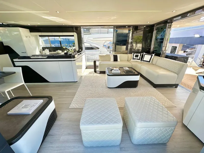 Slide: The Image of Luxurious interior of 2025 Schaefer 770 yacht with modern furnishings and sleek design. - 13