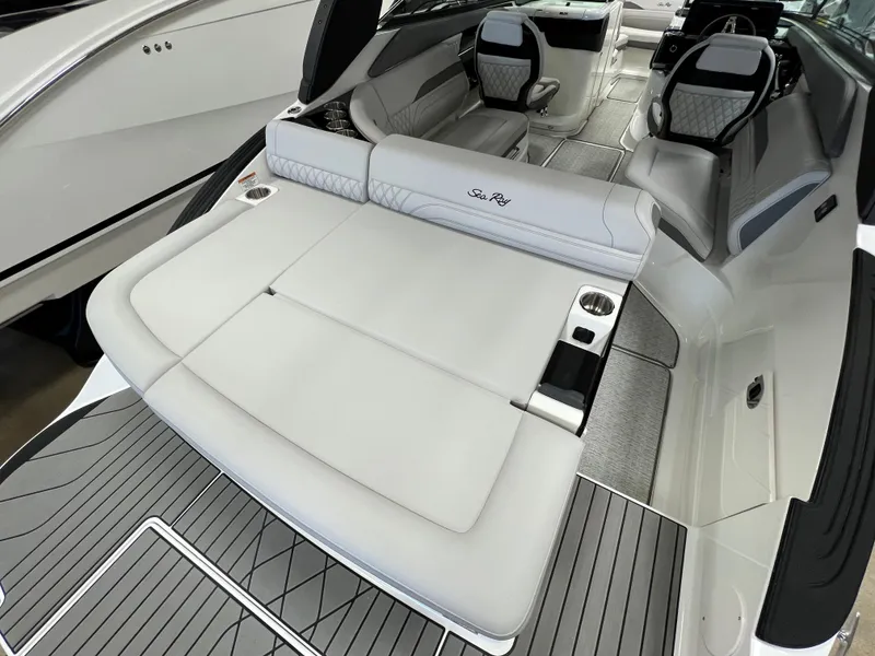 Slide: The Image of 2023 Sea Ray SLX 260 boat interior with luxurious seating and modern design. - 3