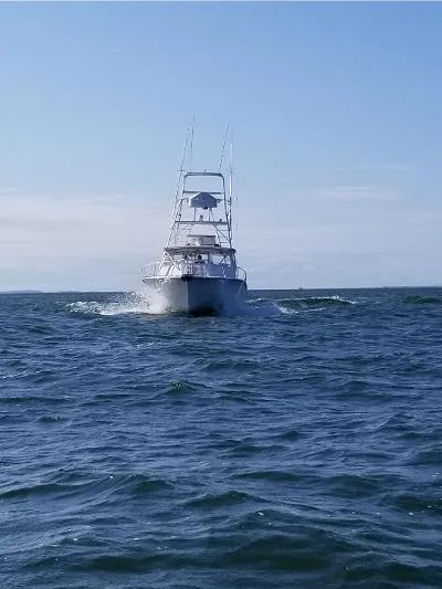 Slide: The Image of 2002 Jersey 36 Express boat cruising on open sea under clear sky. - 7