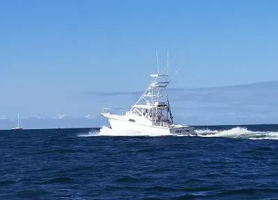 Slide: The Image of 2002 Jersey 36 Express boat cruising on open sea under clear blue sky. - 8