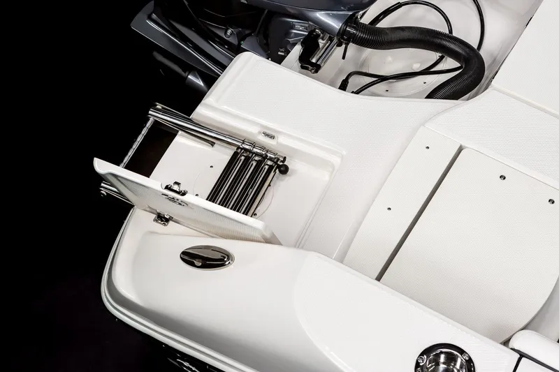 Slide: The Image of 2025 Robalo R200 Center Console boat with integrated swim ladder and sleek design. - 22