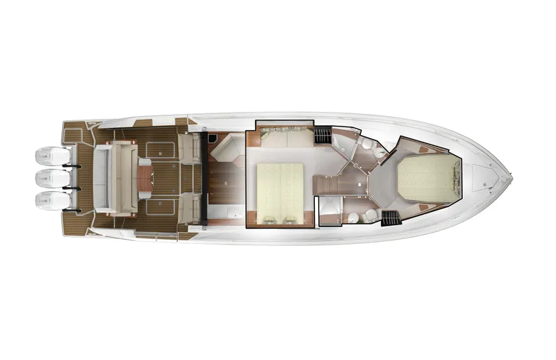 Slide: The Image of Top view of 2025 Tiara Yachts 48LE interior layout with triple engines. - 16