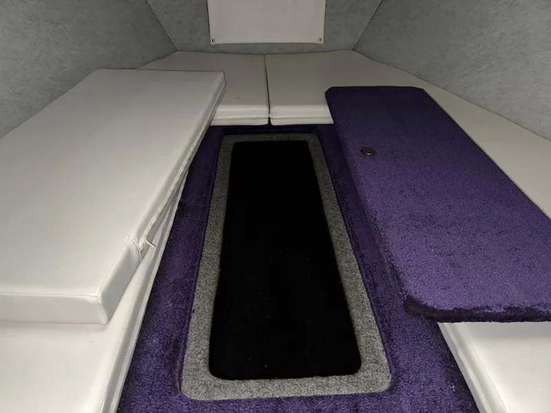Slide: The Image of Interior cabin of a 2005 Eliminator 260 Eagle XP boat with purple and white seating. - 32