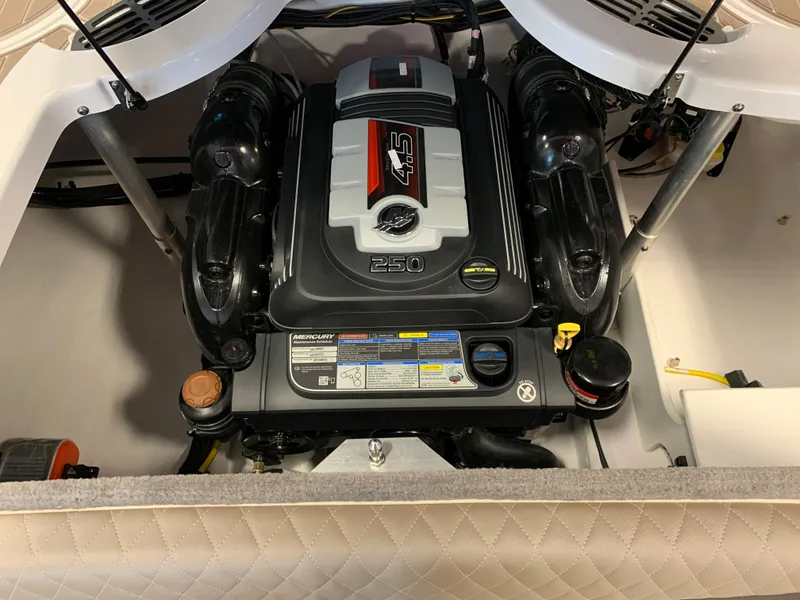 Slide: The Image of 2023 Monterey 224FS boat engine compartment with MerCruiser 4.5L 250 HP engine. - 11