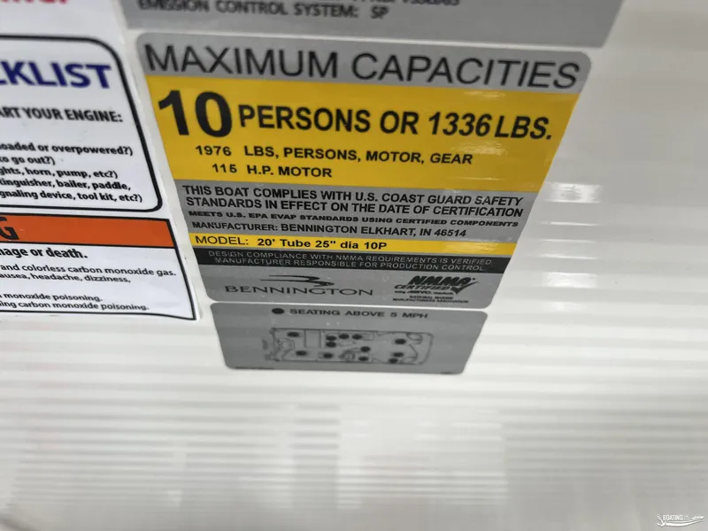 Slide: The Image of Capacity label for 2023 Bennington 21SF boat, max 10 persons or 1336 lbs. - 10
