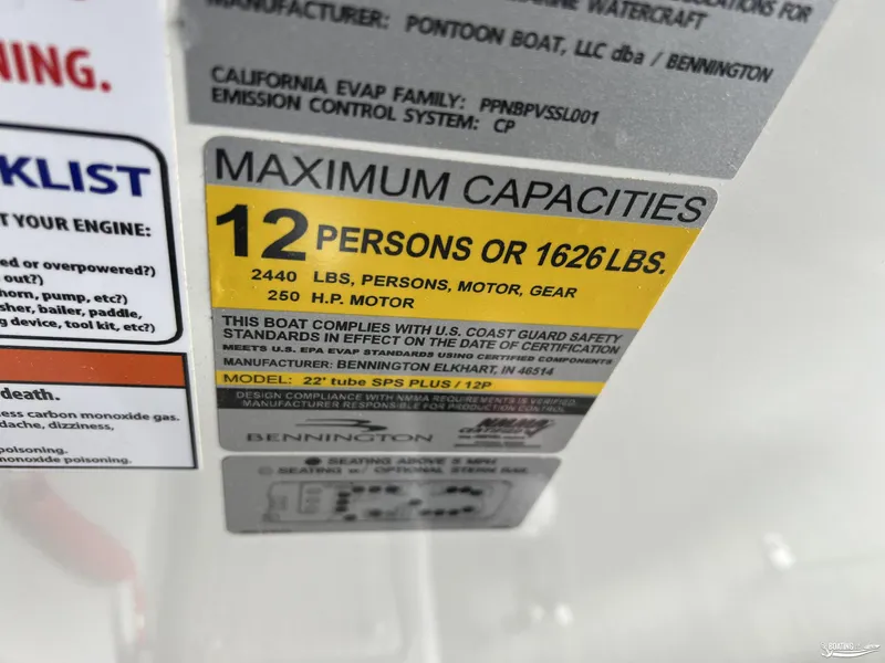 Slide: The Image of Bennington 23LSB 2023 boat capacity label: 12 persons or 1626 lbs, 250 HP motor. - 12