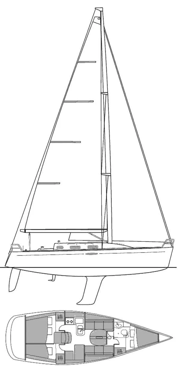 Slide: The Image of Line drawing of a 2003 Beneteau First sailboat with interior layout. - 18