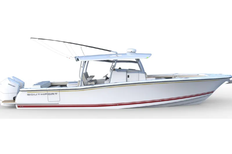 Slide: The Image of 2024 Southport 38 FE boat, side view, white hull with red stripe, center console. - 2