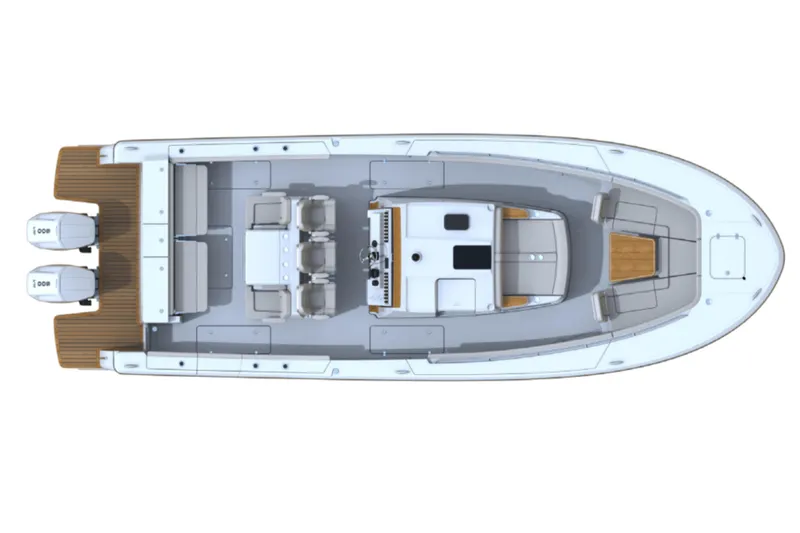 Slide: The Image of Top view of 2024 Southport 38 FE boat with twin outboard engines. - 4
