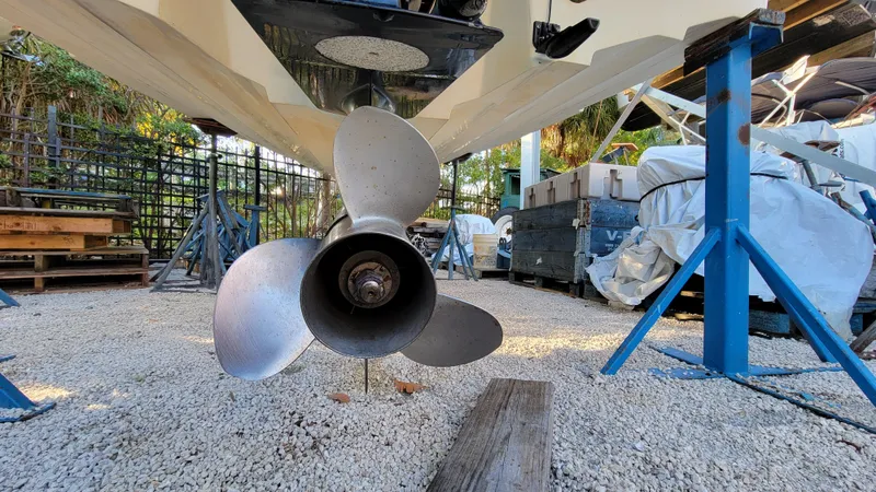 Slide: The Image of 2007 Sea Ray SunDeck 200 boat propeller in a maintenance yard. - 38