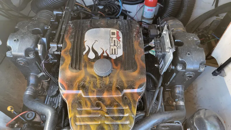 Slide: The Image of 2007 Sea Ray SunDeck 200 engine with custom flame design. - 43