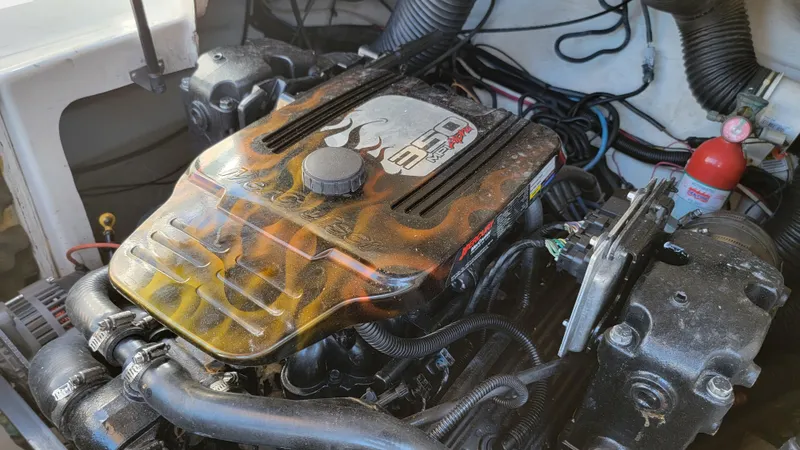 Slide: The Image of Engine of a 2007 Sea Ray SunDeck 200 boat with custom flame design. - 46