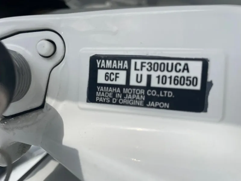 Slide: The Image of Yamaha LF300UCA engine label on a 2019 Freeman 37 boat. - 10