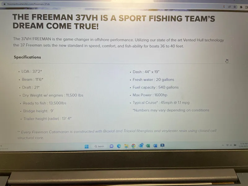 Slide: The Image of Alt text: Freeman 37VH 2019 sport fishing boat specifications displayed on a laptop screen. - 13