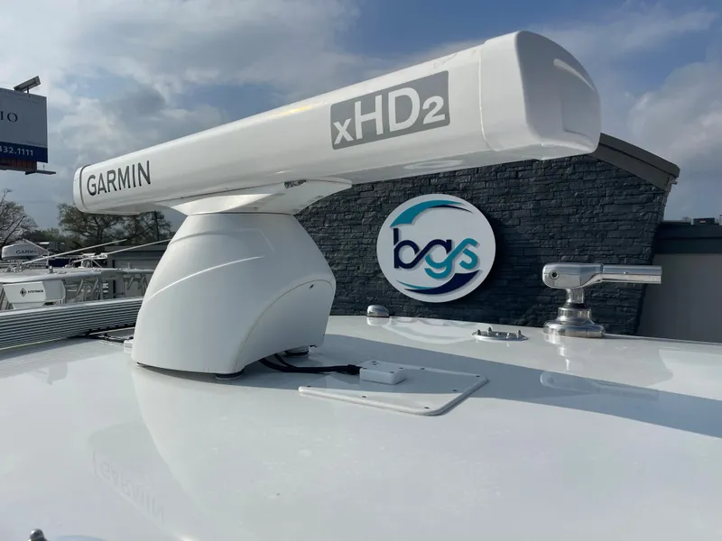 Slide: The Image of Garmin xHD2 radar on Freeman 37 boat, 2019 model, with BGS logo in background. - 21