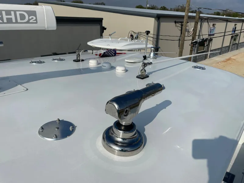 Slide: The Image of Close-up of the deck of a 2019 Freeman 37 boat with various equipment. - 25