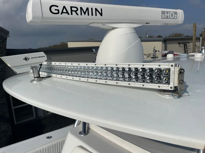 Slide: The Image of Freeman 37 boat with Garmin xHD2 radar and Rigid Industries light bar, 2019 model. - 26