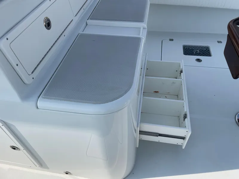 Slide: The Image of Open storage drawers on a 2019 Freeman 37 boat. - 34
