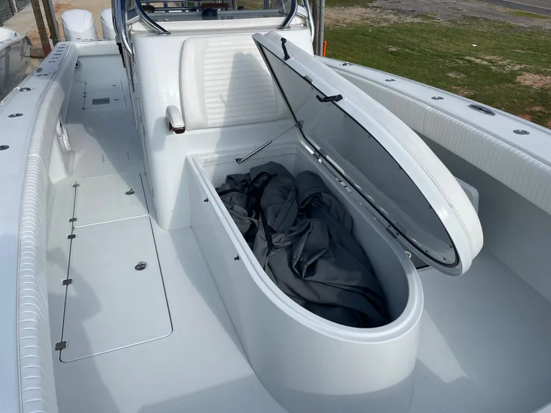 Slide: The Image of 2019 Freeman 37 boat with open storage compartment on deck. - 40
