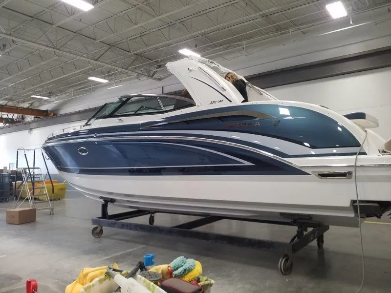 The Image of 2021 Formula 350 Crossover Bowrider in a warehouse, side view. - 0