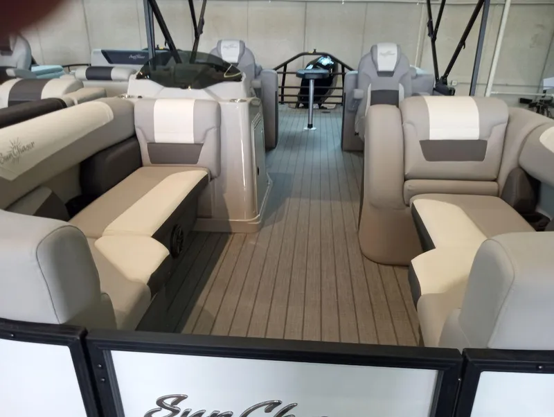 Slide: The Image of 2023 SunChaser Eclipse 8523 LR DH pontoon boat interior with plush seating. - 1