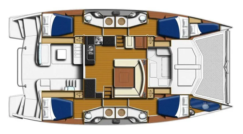 Slide: The Image of Floor plan of a 2016 Leopard 48 catamaran with four cabins and central living area. - 2