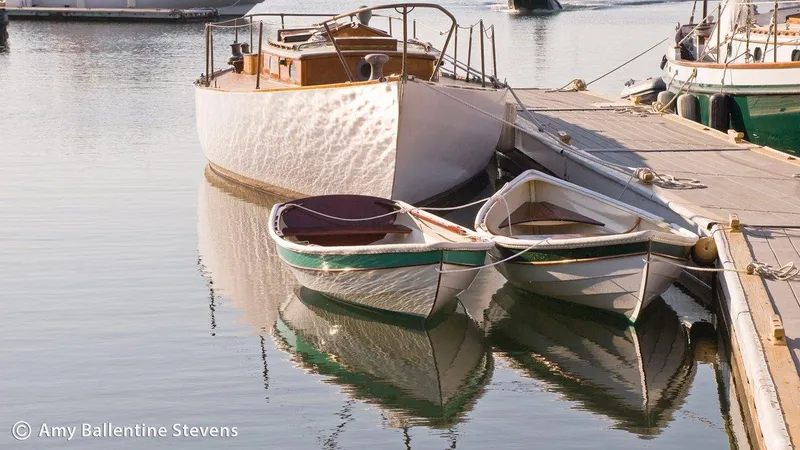 Slide: The Image of 1929 Herreshoff Fishers Island 31 yacht docked with small boats, calm water reflection. - 22