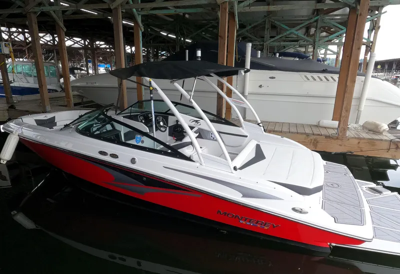 Slide: The Image of 2023 Monterey M-22 boat docked in a marina. - 1