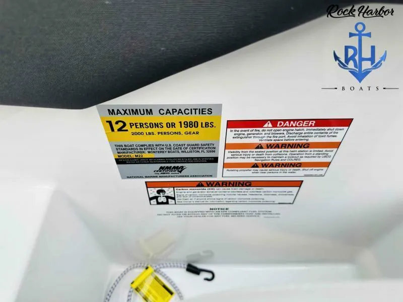 Slide: The Image of 2023 Monterey M-22 boat capacity label, maximum 12 persons or 1980 lbs, safety warnings. - 37