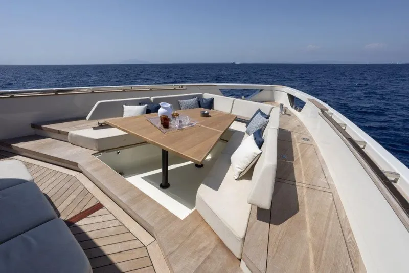 Slide: The Image of Luxury Evo Yachts V8 2025 model with elegant deck seating and ocean view. - 10