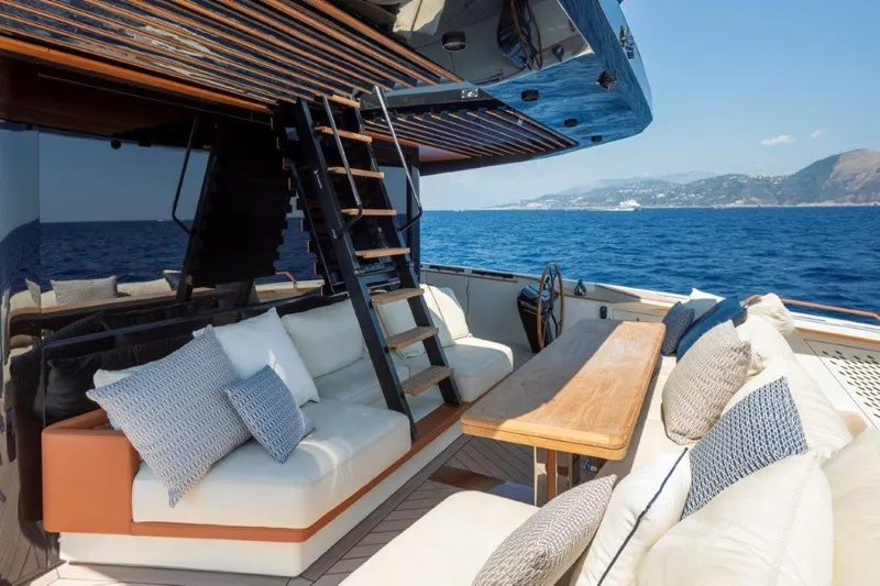 Slide: The Image of Luxury Evo Yachts V8 2025 model with elegant outdoor seating and ocean view. - 21