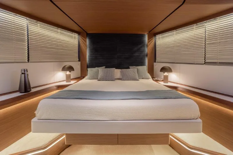 Slide: The Image of Luxurious bedroom interior of 2025 Evo Yachts V8 with modern design and ambient lighting. - 37