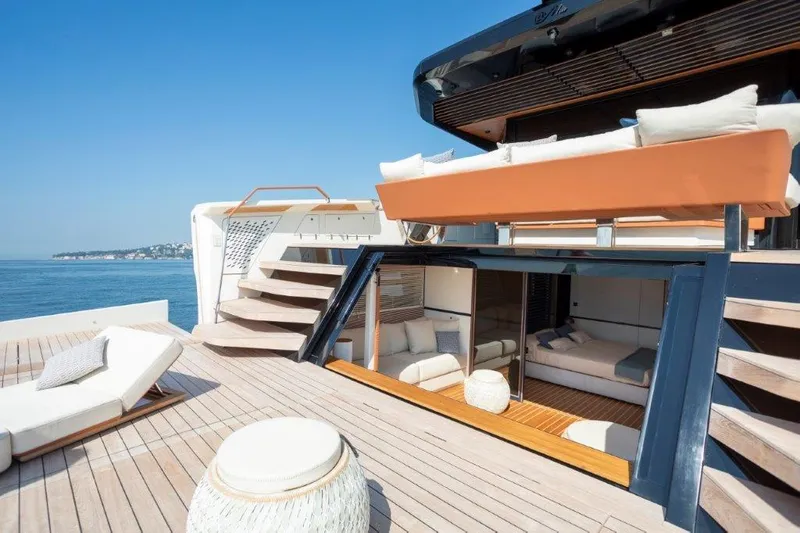 Slide: The Image of Luxury Evo Yachts V8 2025 model with spacious deck and modern interior. - 6