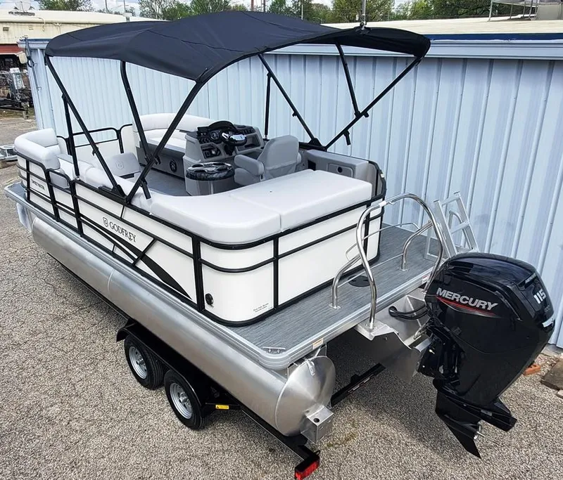 Slide: The Image of 2023 Sweetwater 2086 C pontoon boat with Mercury 115 outboard motor. - 1