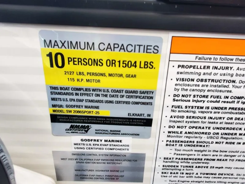 Slide: The Image of Sweetwater 2086 C 2023 boat capacity label, 10 persons or 1504 lbs, 115 HP motor. - 16