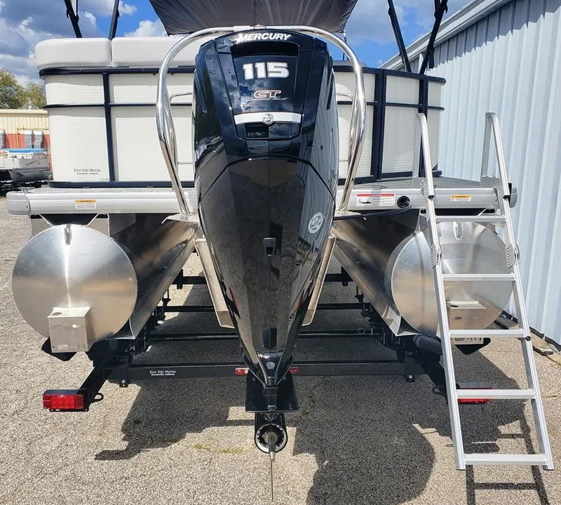 Slide: The Image of 2023 Sweetwater 2086 C pontoon boat with Mercury 115 outboard motor, rear view. - 7