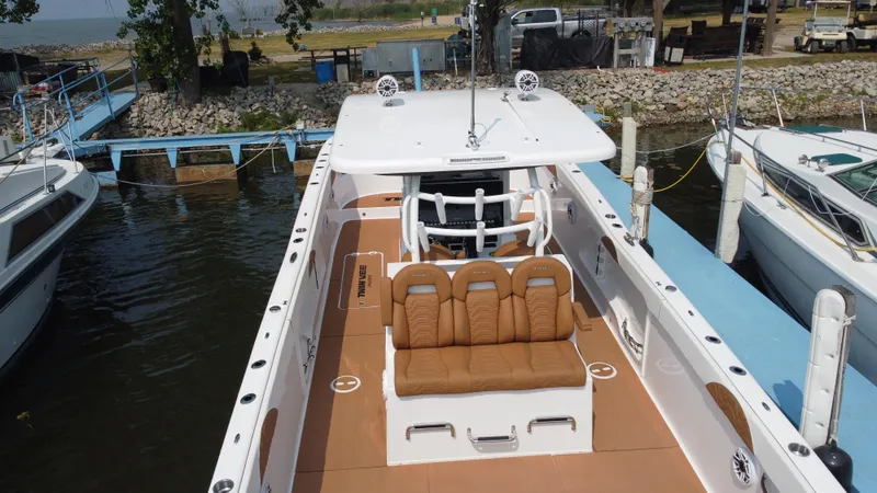 Slide: The Image of 2023 Twin Vee 340 GFX boat docked at marina, top view. - 28