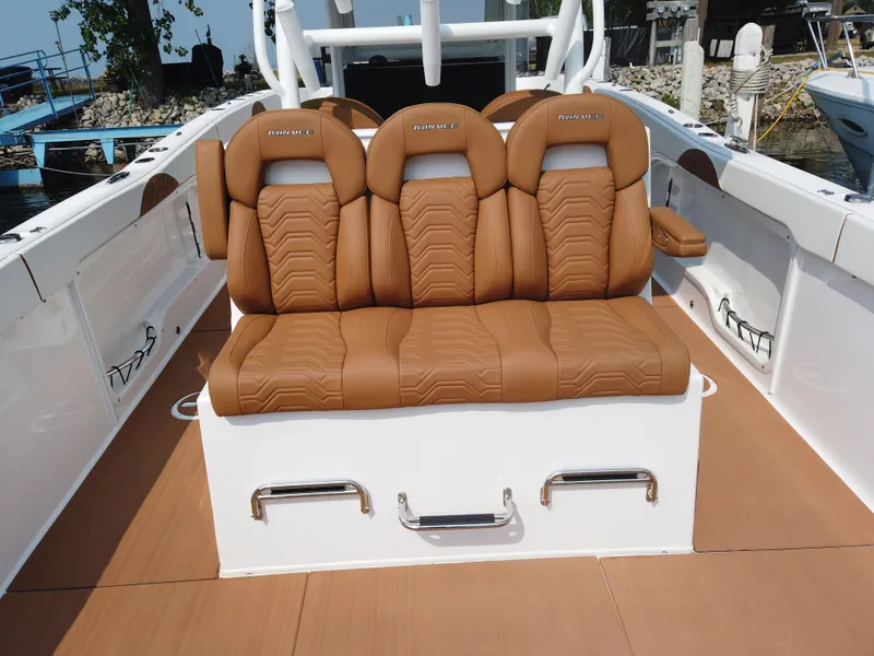 Slide: The Image of 2023 Twin Vee 340 GFX boat with luxurious tan leather seating. - 44
