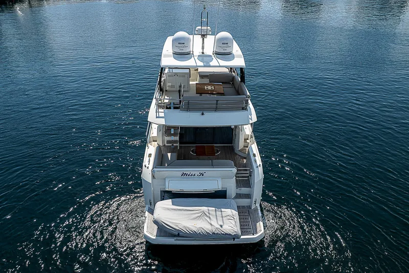 Slide: The Image of 2022 Prestige 520 Fly yacht on calm water, rear view. - 0