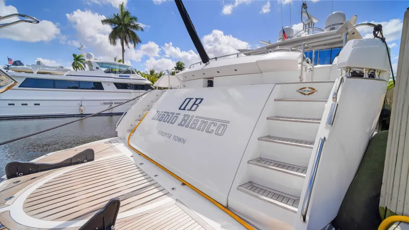Slide: The Image of 2007 Sunseeker Predator 108 luxury yacht docked with clear skies and palm trees. - 11