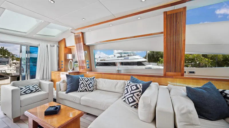 Slide: The Image of Luxurious interior of 2007 Sunseeker Predator 108 yacht with white sofas and nautical decor. - 19