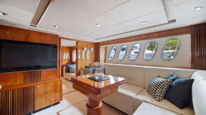 Slide: The Image of Luxurious interior of 2007 Sunseeker Predator 108 yacht with plush seating and large windows. - 36