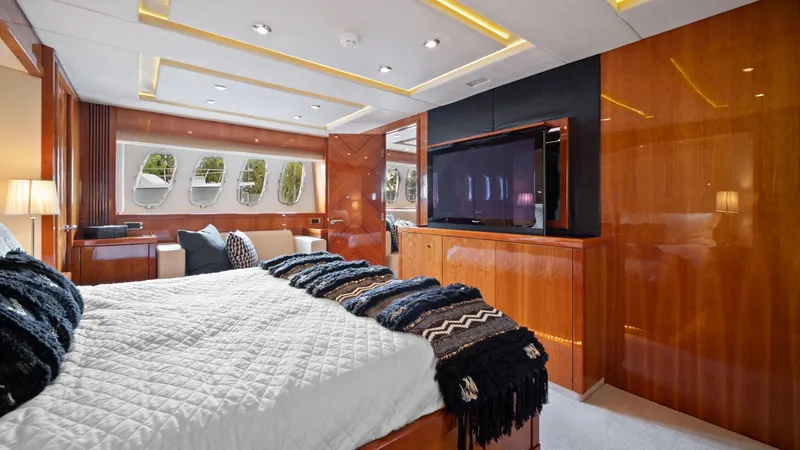 Slide: The Image of Luxurious bedroom interior of 2007 Sunseeker Predator 108 yacht with modern amenities. - 47