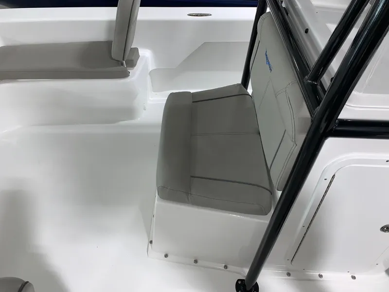 Slide: The Image of 2024 Savannah SS21 boat interior with gray cushioned seating. - 10