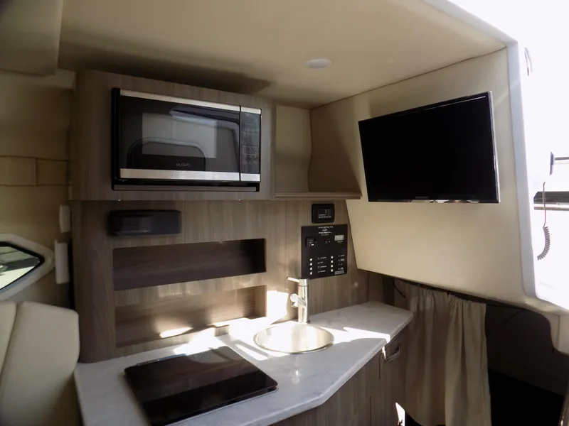 Slide: The Image of 2019 Regal 26XO boat interior with microwave, sink, and TV in compact kitchen area. - 8
