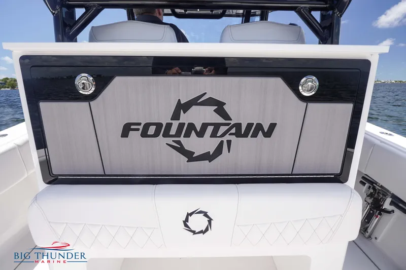 Slide: The Image of 2023 Fountain 38 TE boat interior with logo, Big Thunder Marine branding. - 25