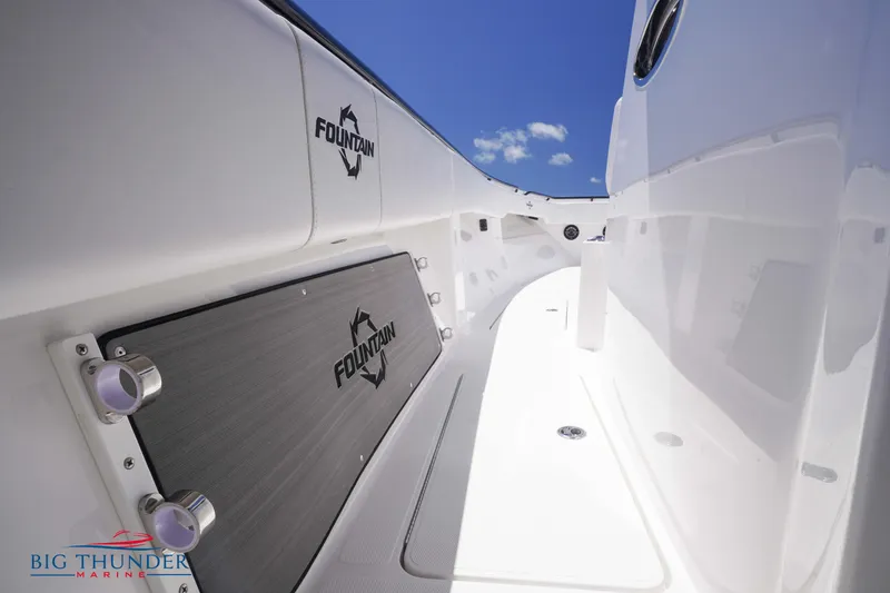 Slide: The Image of 2023 Fountain 38 TE boat interior with branding, white deck, and blue sky. - 40