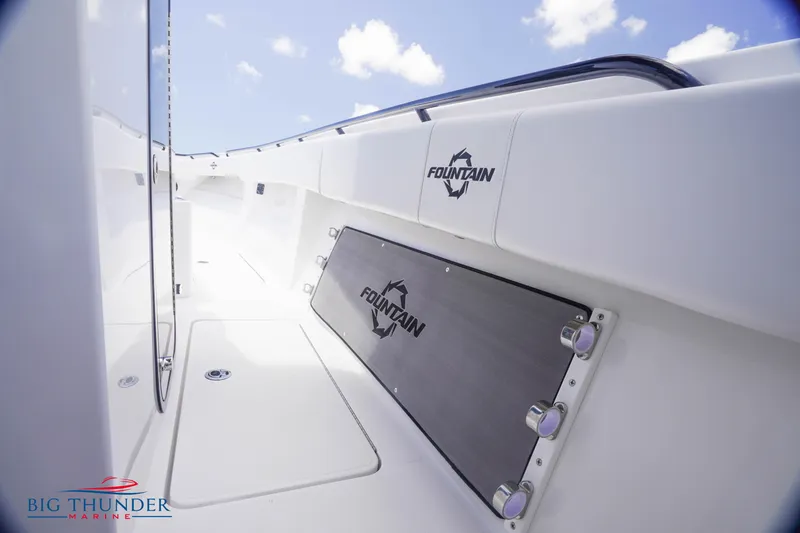 Slide: The Image of 2023 Fountain 38 TE boat interior with branding, white deck, and blue sky background. - 41
